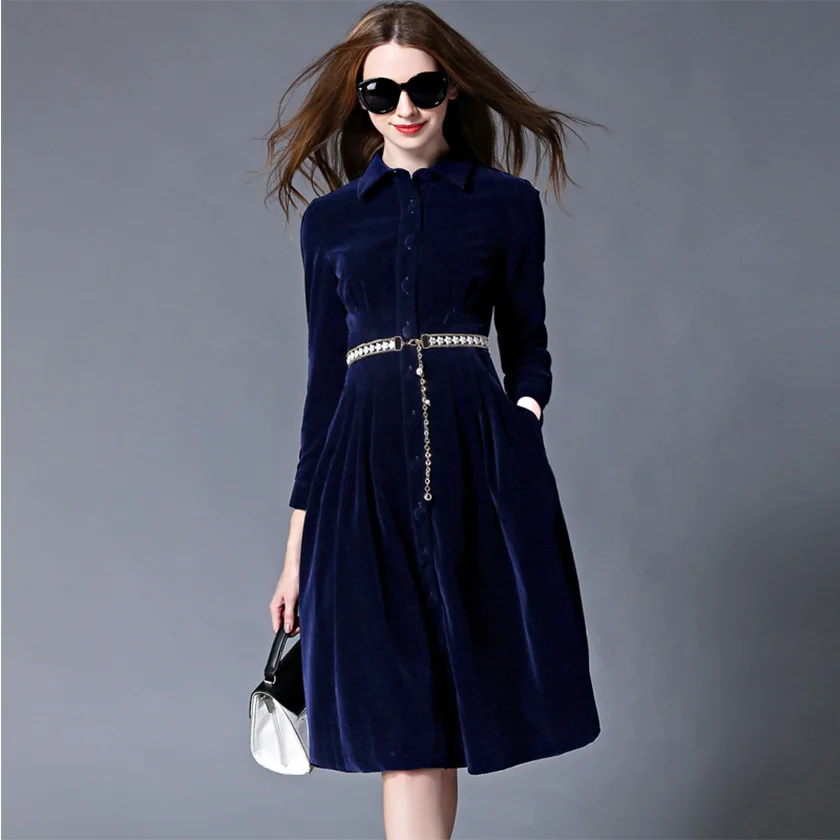 Dark Blue Новое поступление, зимние женские платья с отложным воротником, модная однотонная элегантная одежда средней длины в стиле ампир, приталенная одежда с длинным рукавом D88217L - Цвет: Dark Blue