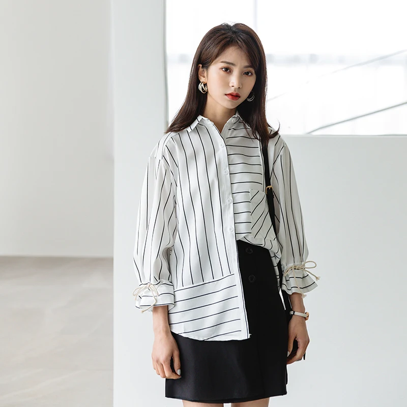 

Новинка Весна 2019, асимметричная полосатая простроченная кружевная рубашка на шнуровке, женская рубашка с минималистичным дизайном