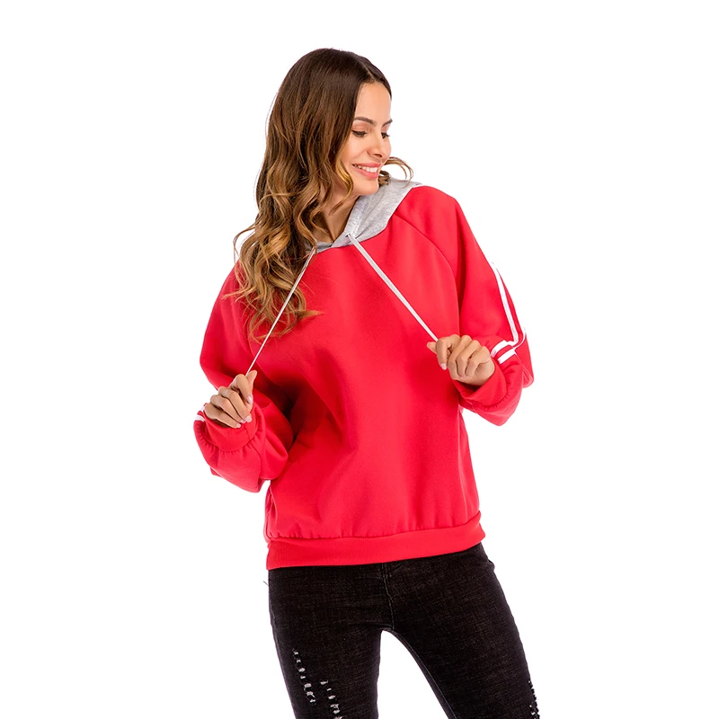 CINESSD Women Hooded Sweatshirt White Drawstring Long Sleeves Striped Patchwork Casual Loose Tops Black Lady Pullover Hoodies | Женская