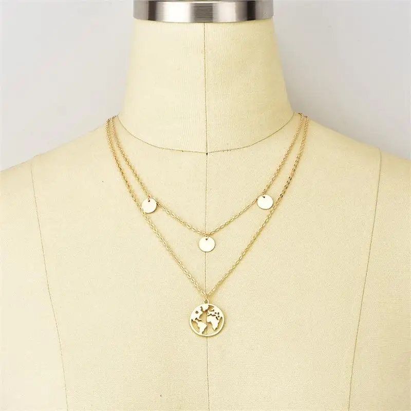 2 Pcs/Set Classic Women Necklaces Hollow Map Round Tassel Pendant Gold Silver Color Necklace Set Girl Fashion Birthday Gift | Украшения и