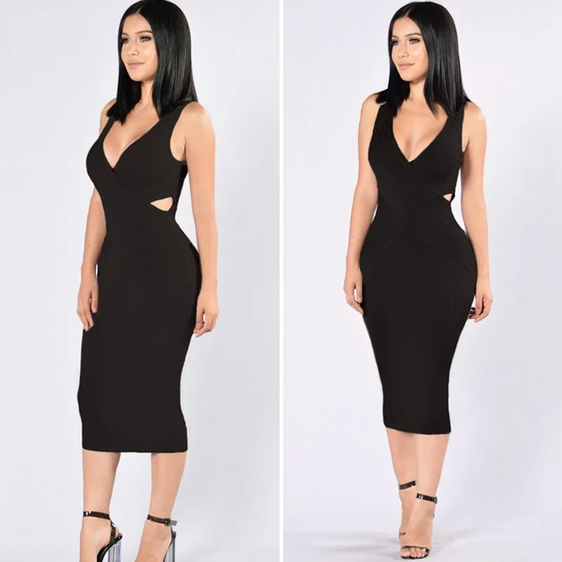 2017 Весна Хлопок Глубокий V Шеи Без Рукавов Трикотажные Вырезать Bodycon Бальные
