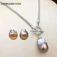 purple golden color baroque pearl charm necklace pendant stud earring 18inch 20inch flameball freshwater natural pearls women