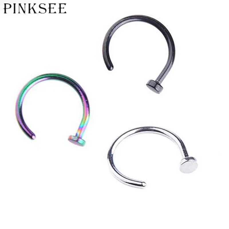 

PINKSEE 10Pcs/Lot Nostril Stainless Steel Nose Hoop Stud Ring Clip Nose Ring Body Fake Piercing Jewelry Black Colorful