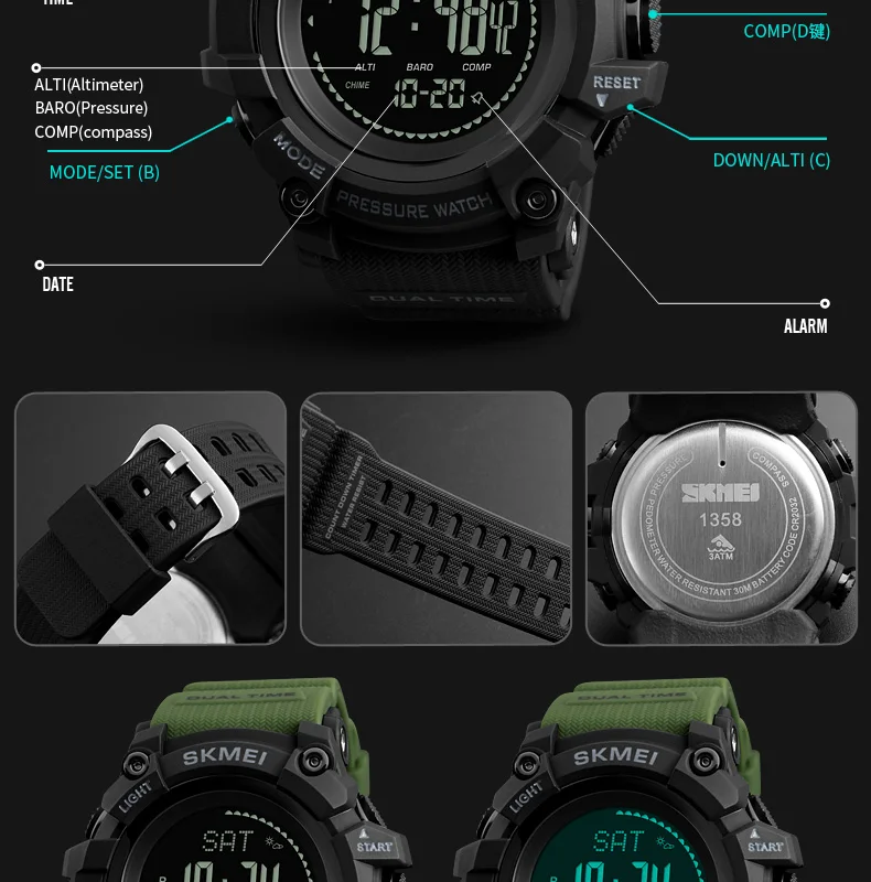 SKMEI Men Digital Watch Compass Thermometer Weather Pressure Altimeter Countdown Sport Watch Fashion Electronic Men's Watch