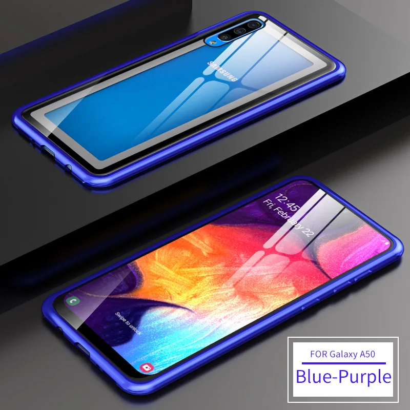 Blue Purple Роскошный металлический чехол с ручным винтом для samsung Galaxy A70 A60 A50 A40 A30 A20 A10, гибридный суперпрозрачный чехол из закаленного стекла - Цвет: Blue Purple