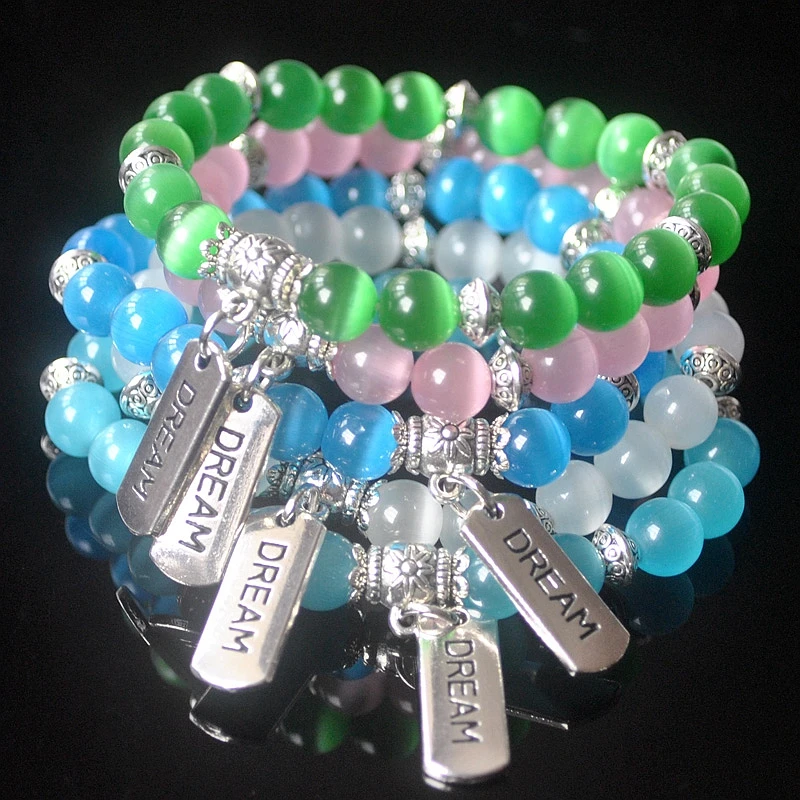 Женский браслет с бусинами из натурального опала 8 мм винтажный посеребренный на