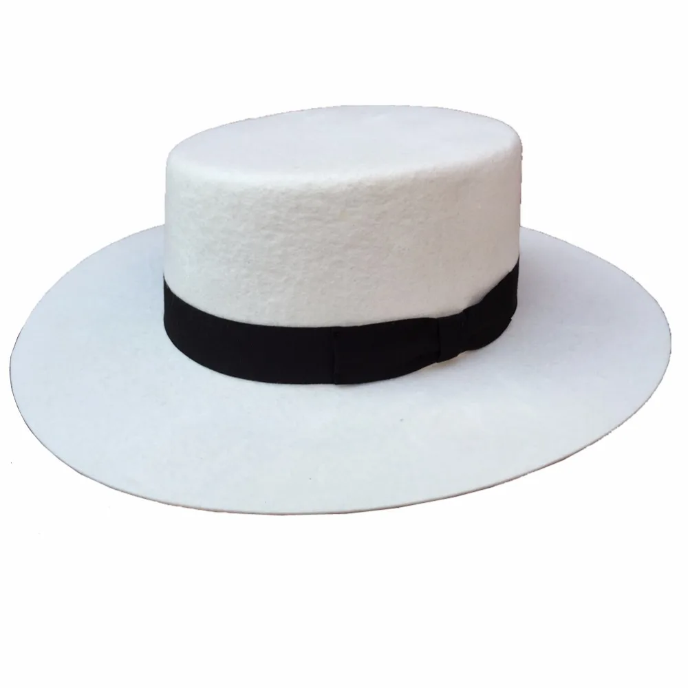 White Panama Wool Boater Porkpie Flat Top Crown Fedora Hat For Women