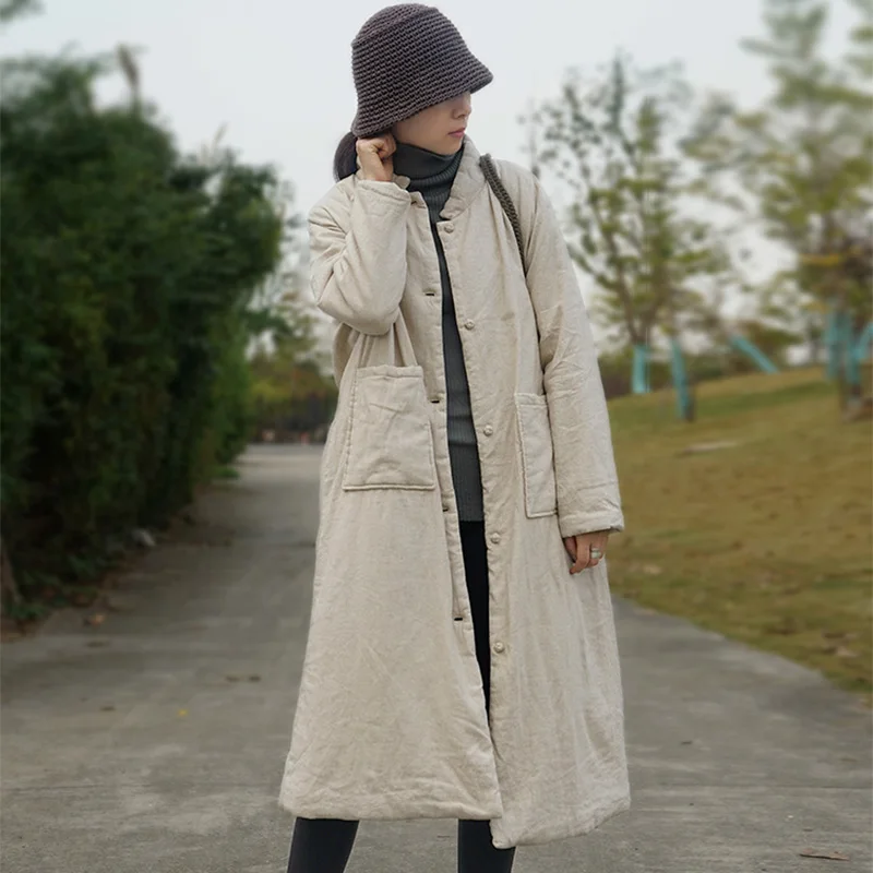 Linen Color SCUWLINEN зимняя куртка женская винтажная однотонная свободная длинная парка со стоячим воротником с хлопковой подкладкой мужское повседневное толстое теплое пальто M668 - Цвет: Linen Color