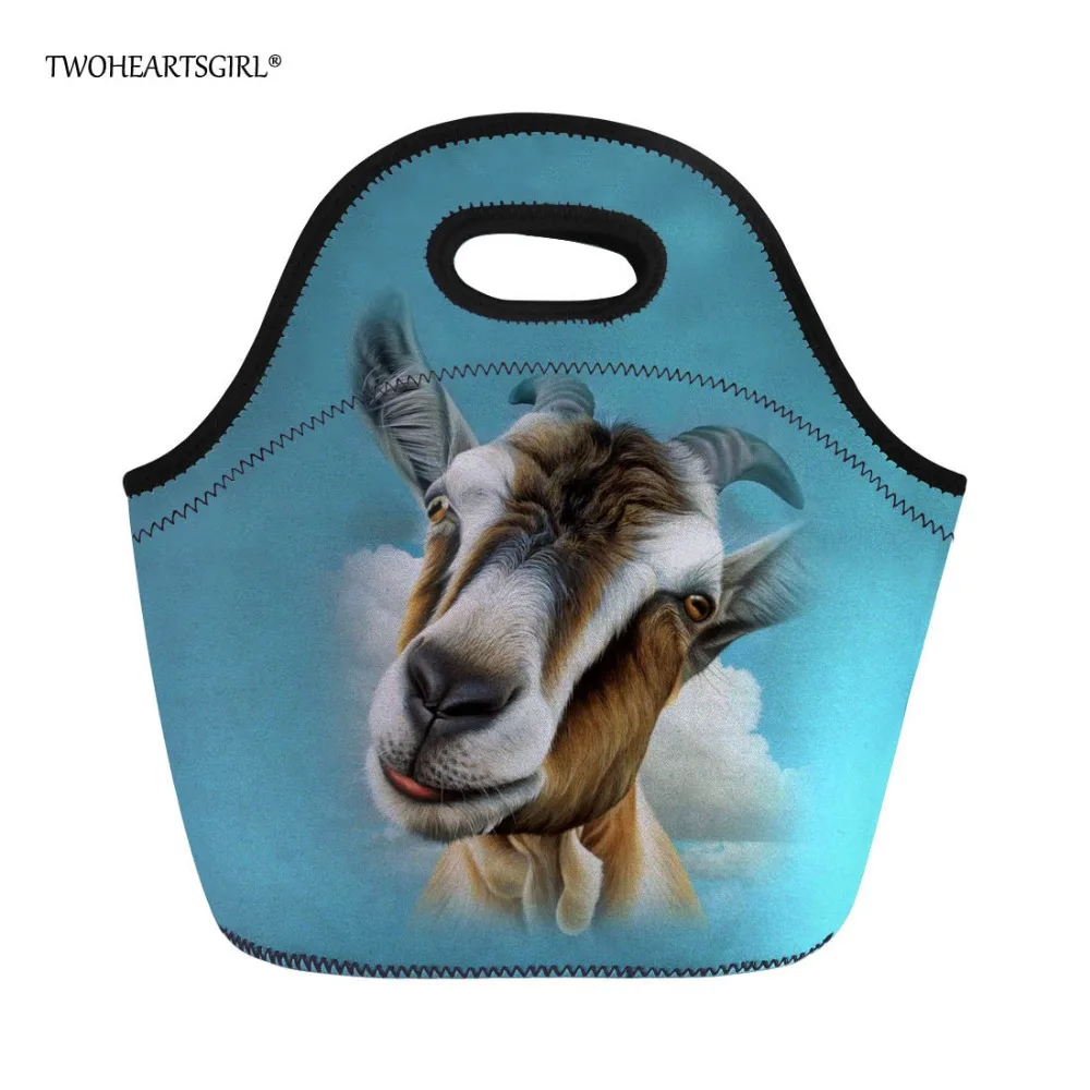 

Twoheartsgirl Blue Neoprene Goat Print Lunch Bag Tote Thermal Insulated Zipper Lunchbox Keep Warm Children Kids Food Bag