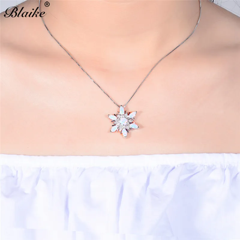 Blaike 925 пробы серебряные подвески со снежинками для женщин розовый/синий/белый огненный опал Ожерелья Радужный камень чокер в подарок