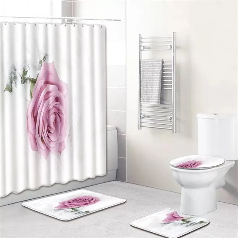 

XYZLS Valentine Love Heart Shower Curtain Set Polyester Waterproof Bath Curtain 180x180cm With Bathroom Mat Set