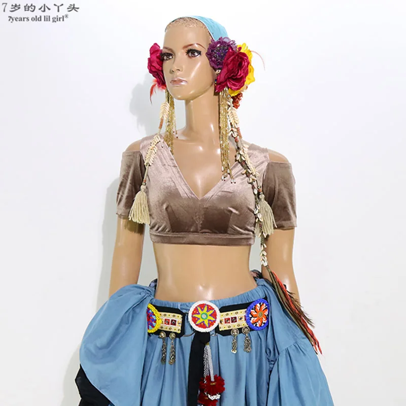 

Belly Dance Velvet Fat Chance Tribal Choli Costume Short Drop Sleeve Top CJJ13