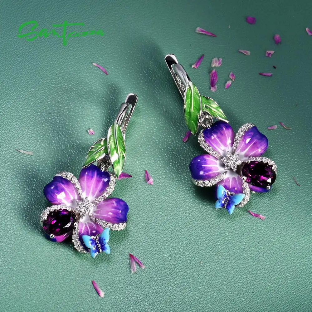 Женские серьги бабочки SANTUZZA из серебра 925 пробы с фиолетовым цветком и эмалью