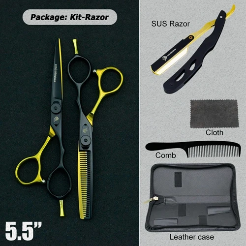 6025HJ55RAZOR 5.5/6" black gold barber hair scissors hairdressing scissors professional hair scisor barber supplies shears gift japan haircut - Color: 6025HJ55RAZOR