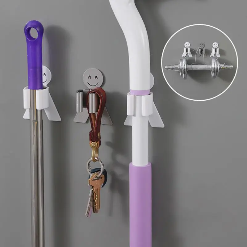 Smile face Strong seamless adhesive mop broomstick bracket wall hanging rack Bathroom bathroom hook hanger broom fixator | Дом и сад