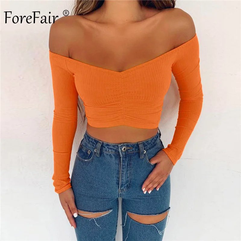 Женский топ с открытыми плечами Forefair Клубная одежда длинным рукавом ребристый