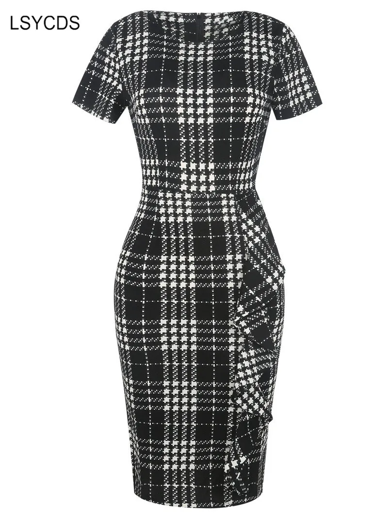 LSYCDS 2020 Summer Bodycon Dresses for Woman Elegant Casual Office Dress Short Sleeve Knee Length Pencil Polka Dot | Женская одежда