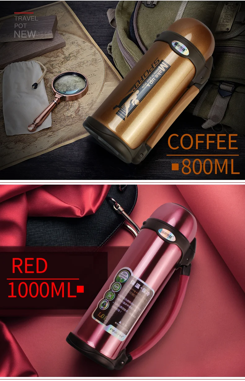 PINKAH 1000 ml термос вакуумный термос кружка из нержавеющей стали стаканы Чай большая сумка для путешествий изотермическая чашка