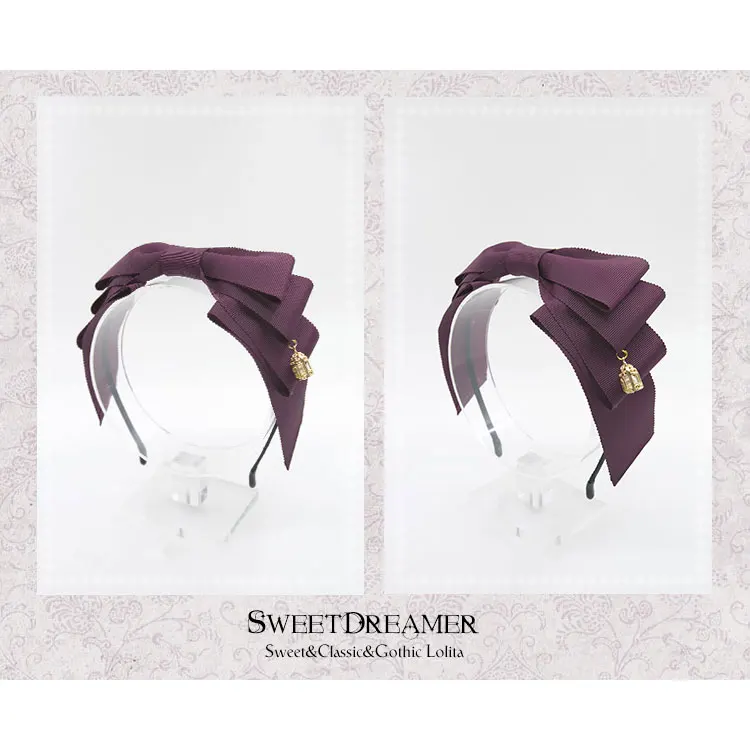 Сладкий слоистых Лук Лолита лента головной убор с клеткой кулон от SweetDreamer - Цвет: Сливовый