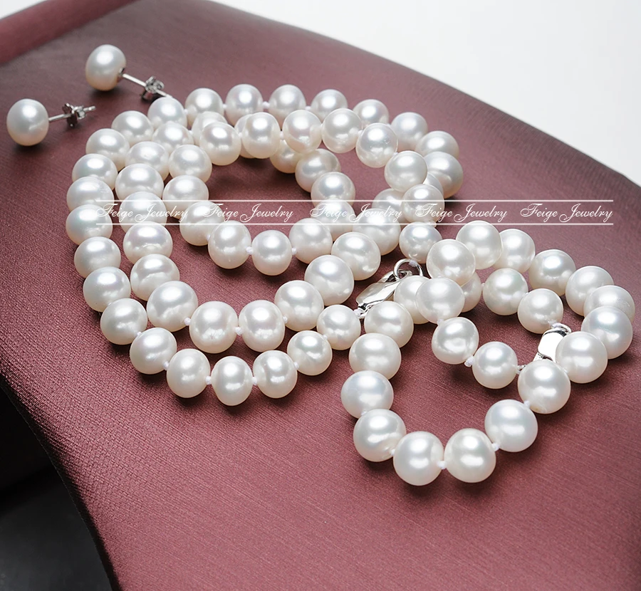 

FEIGE High Quality Bridal Pearl Jewelry 8-9mm Natural White Freshwater Pearl Jewelry Sets for Women Wedding Pearl Jewelry Set