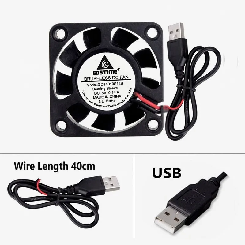 

2pcs Gdstime 4010 Micro 40x40x10mm 40mm DC Brushless Cooling Fan 5V USB Connector 9 Blades