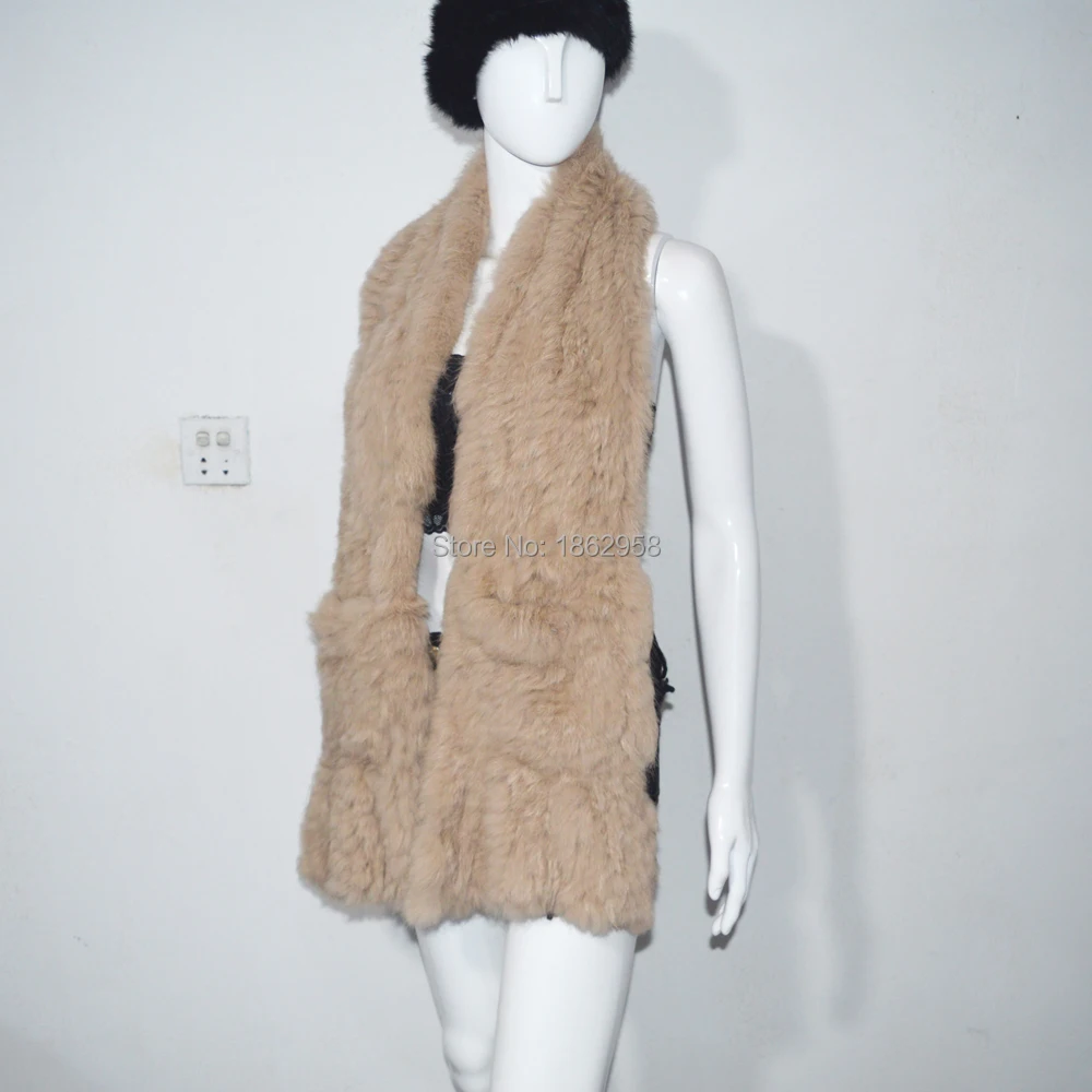 Free Shipping SJ650 2019 Light Camel Girls Hand Thick Knit Wholesale Factory Fur Scarf with Pockets |
