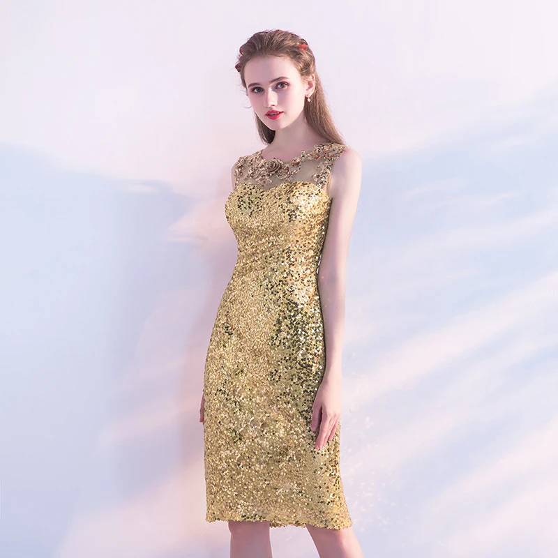Ssyfashion Новый банкет Роскошные короткое вечернее платье с золотыми блестками без