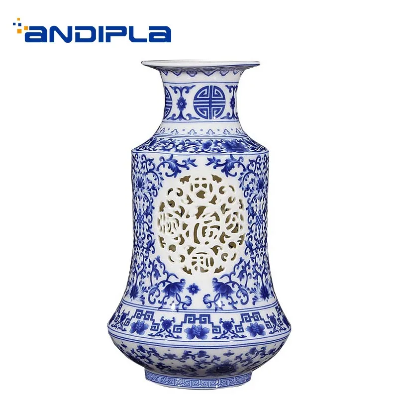 Jingdezhen Blue and White Porcelain Table Vase Hollow Flower Vases / Living Room Wine Cooler Decor Crafts Souvenir Collection | Дом и сад