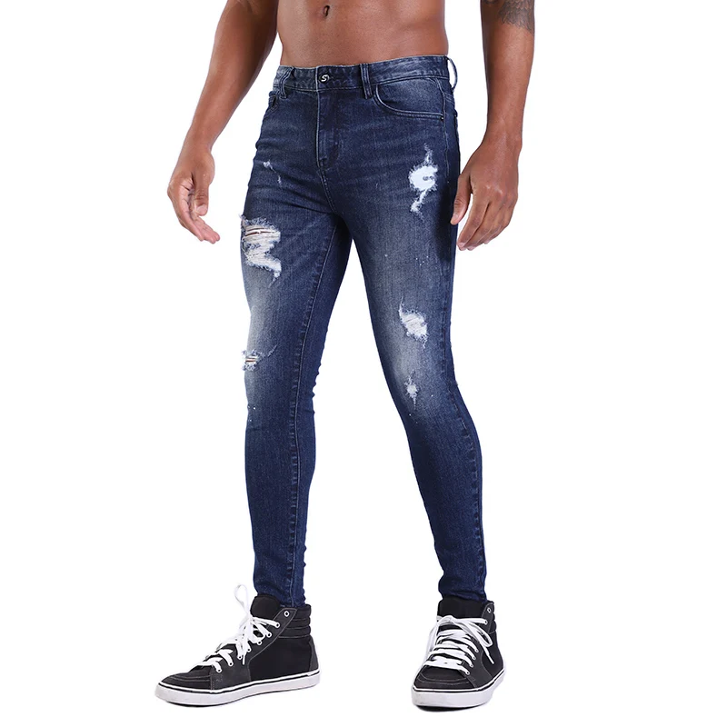 Blue Ripped Jeans Одиночные дорожные супер обтягивающие джинсы для мужчин, рваные джинсы для мужчин, уличная одежда, синие мужские Стрейчевые джинсовые штаны, мужские облегающие Брендовые мужские брюки - Цвет: Blue Ripped Jeans