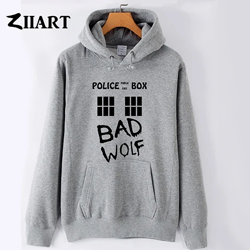 GRAY Bad Wolf/парная одежда с изображением ТАРДИСа из сериала «Доктор Кто», Полицейская коробка с окном, с изображением общественного звонка, мужская осенне-зимняя флисовая толстовка для мальчиков - Цвет: GRAY