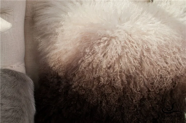 

Tibet sheepskin curly fur cushion, gradient brown color soft single side sheep fur pillow for furniture