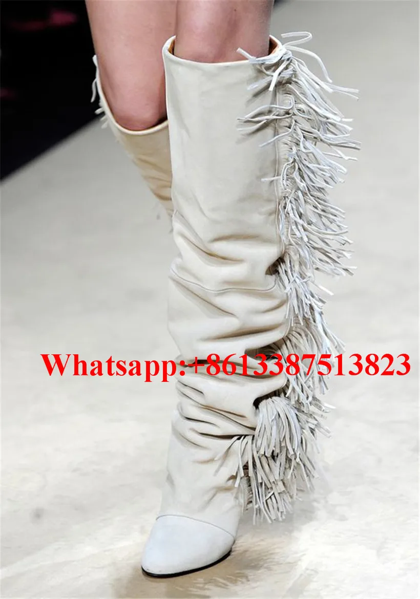 Дамы бахромой замши и мягкой кожи Высокие сапоги до колена с на танкетке без