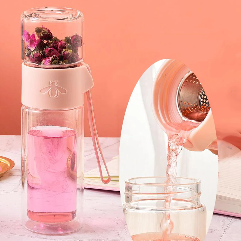 Офисная стеклянная бутылка для воды с двойной стенкой и съемным чайным фильтром "Creative Transparent Gift On".