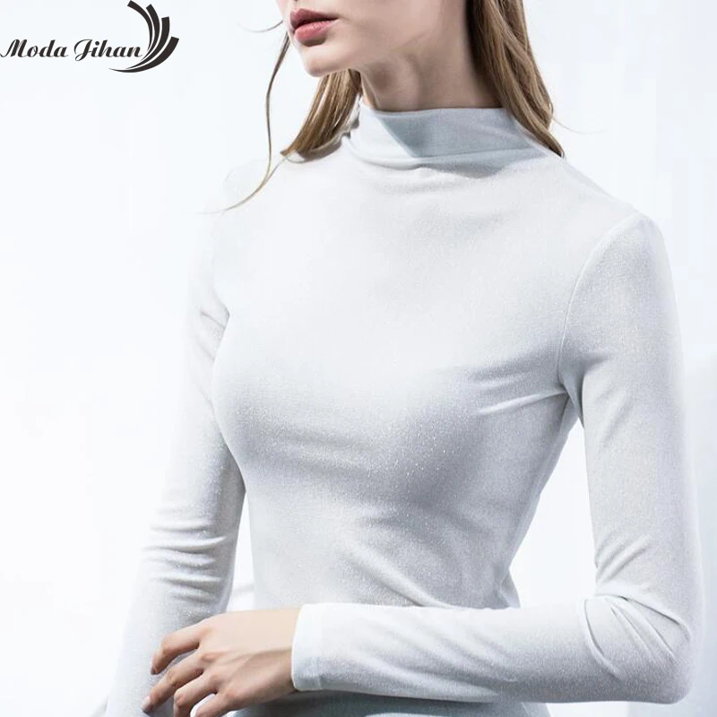 Moda Jihan женские футболки блестящая водолазка с высоким воротником топы длинными
