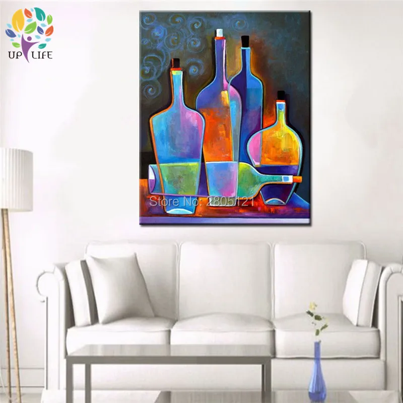 hand painted modern still life painting coloring bright wine bottles canvas picture dining room decoration wall art | Дом и сад