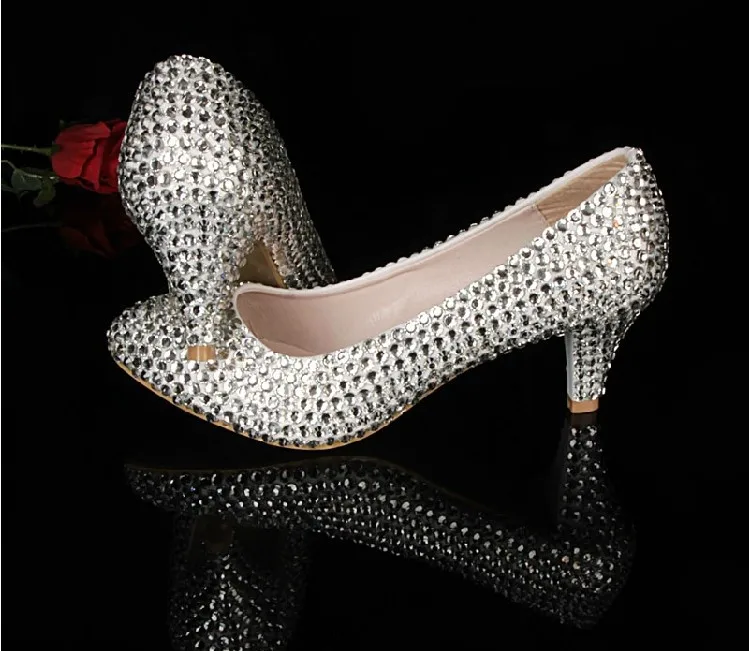 

Silver Middle Heel Rhinestone Bridal Shoes Spring Prom Party Pumps Stiletto wedding Shoes Discount Bridesmaid Dress Shoes