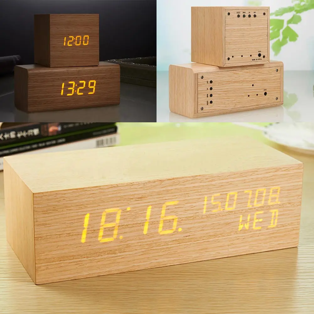 Цифровой светодиодный USB будильник с 3 режимами регулировки яркости Деревянный