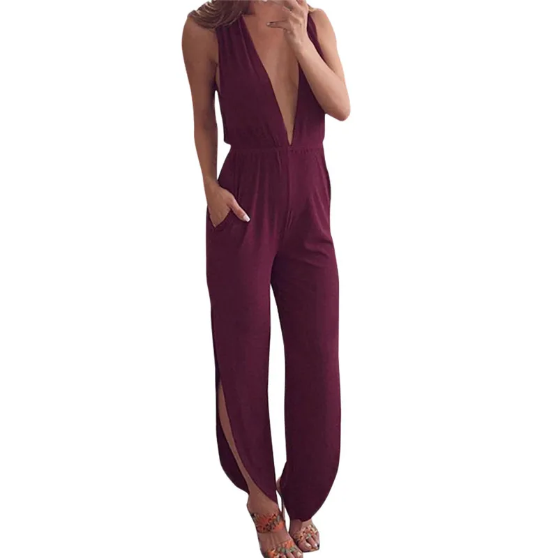 Женский комбинезон с глубоким v-образным вырезом yashangyi однотонный карманами и