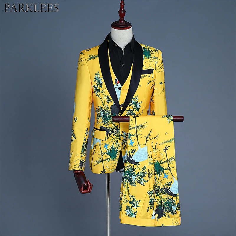 

Stylish Crane Print Shawl Collar 3 Pcs Suit Men (Jacket+Pants+Vest) One Button Slim Fit Wedding Suits Mens Party Stage Costume