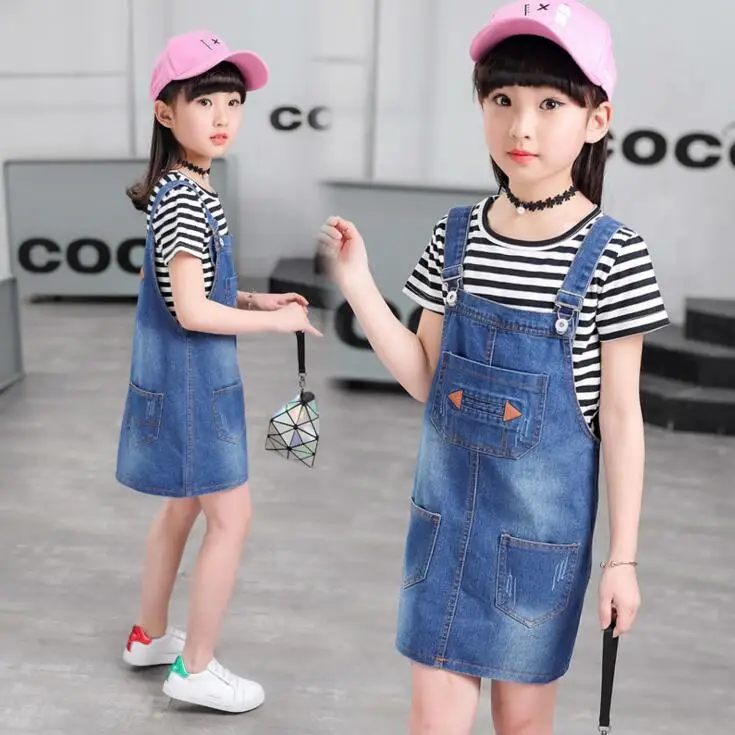 2017 новые комплекты одежды на весну и осень джинсовые юбки для девочек + футболка в