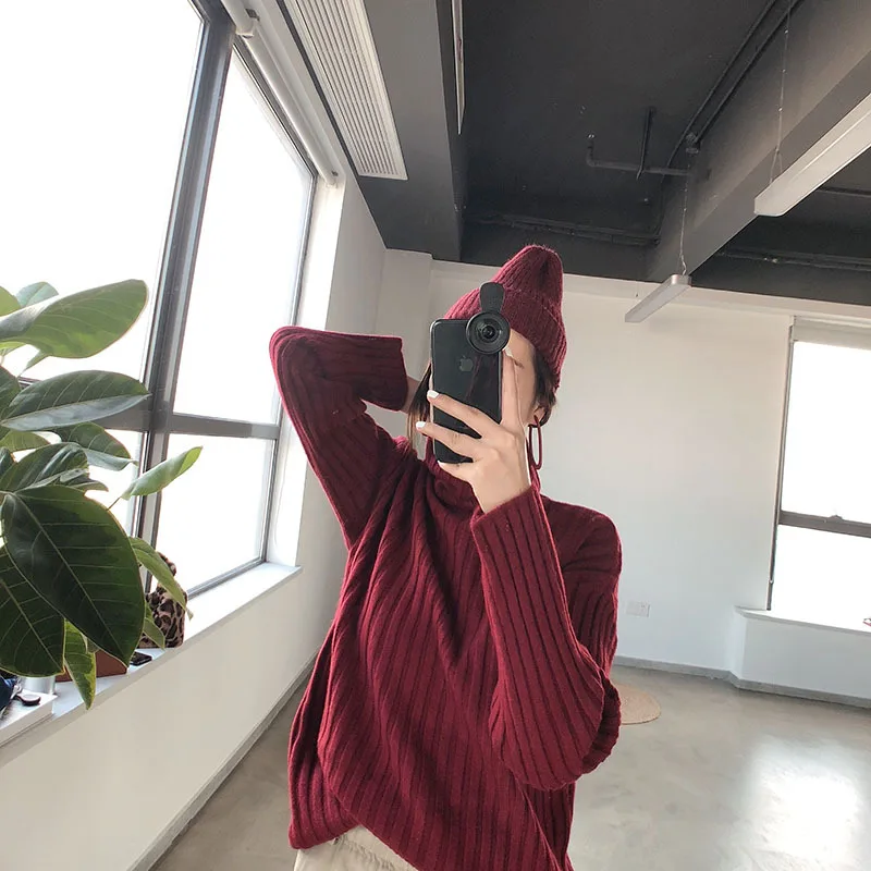 2018 Winter New Women's Pullover Sweater Casual Simple Loose Comfortable Solid Color Thick High Collar | Женская одежда