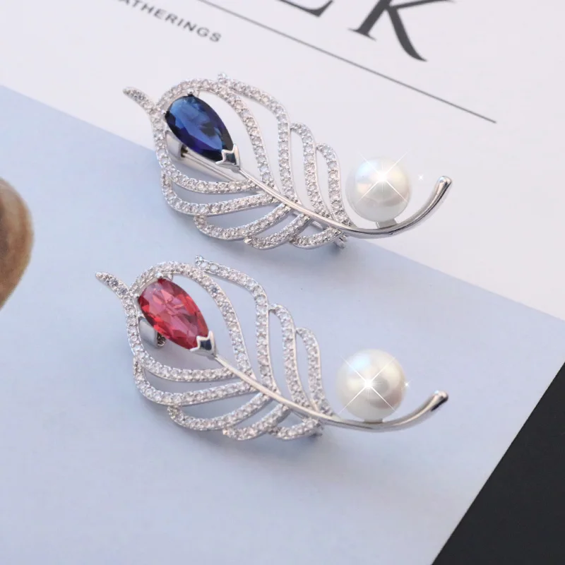 Модные большие красные Синие стразы листья булавки броши в форме пера для женщин