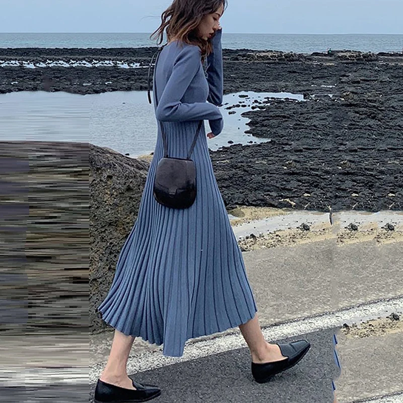 Slim Femme Fashion O-Neck Knit Pleated Dress 2018 Spring Autumn Sweater StreetWear Ladies Office Solid Color Long | Женская одежда