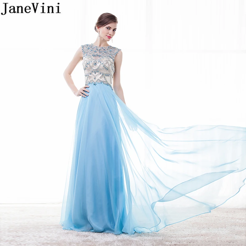 JaneVini Elegant Light Sky Blue Long Bridesmaid Dresses A Line Luxury Crystals Beaded Backless Tulle Women Prom Gowns Plus Size | Свадьбы и