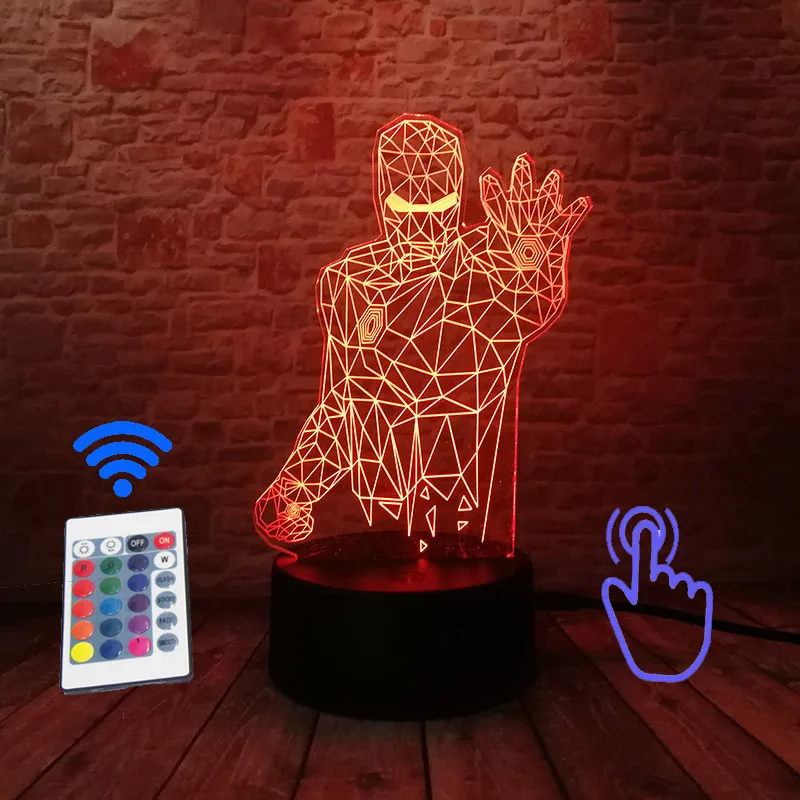 Remoter and Touch 1 Светильник Мстители Железный человек модель 3D иллюзия светодиодный ночной Светильник красочный светильник Человек-паук Marvel Thonas фигурка игрушки - Цвет: Remoter and Touch 1