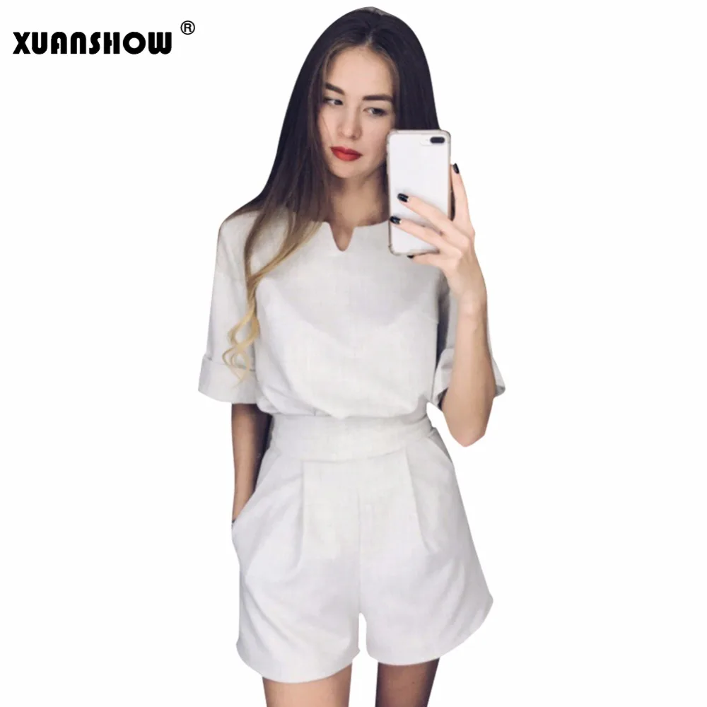 Женский льняной костюм XUANSHOW повседневный летний комплект из двух предметов топ с