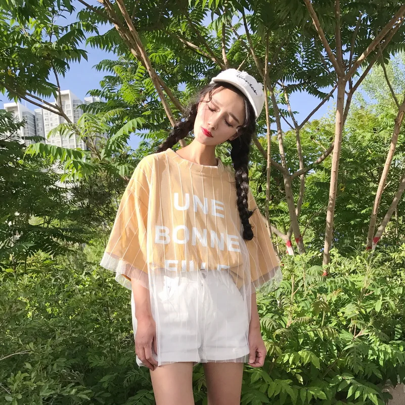 YouGeMan женские летние топы корейский стиль Ulzzang Harajuku сетка пэчворк поддельные 2 шт принт короткий рукав Футболка женская