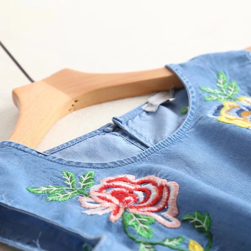Летнее женское джинсовое платье из Tencel с открытыми плечами, круглый вырез, короткий рукав, вышитый светильник, синее мягкое джинсовое платье, хлопковое Повседневное платье