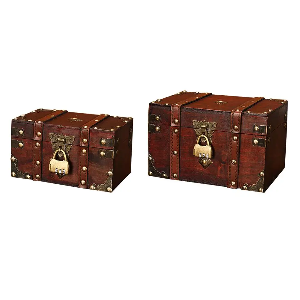 

Leather Treasure Chest Decorative Box 2 Pack Jewelry Storage Box Handmade Classical Wooden Treasure Case Storage Box Organizer