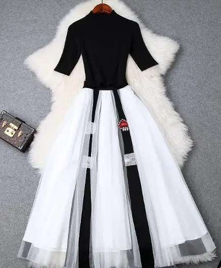top -skirt set 2pc Женский комплект, костюм, лето-осень, модная юбка, костюм для девушек, высокое качество, вязанный черный пуловер+ бисер, длинная юбка макси, комплект - Цвет: top -skirt set 2pc